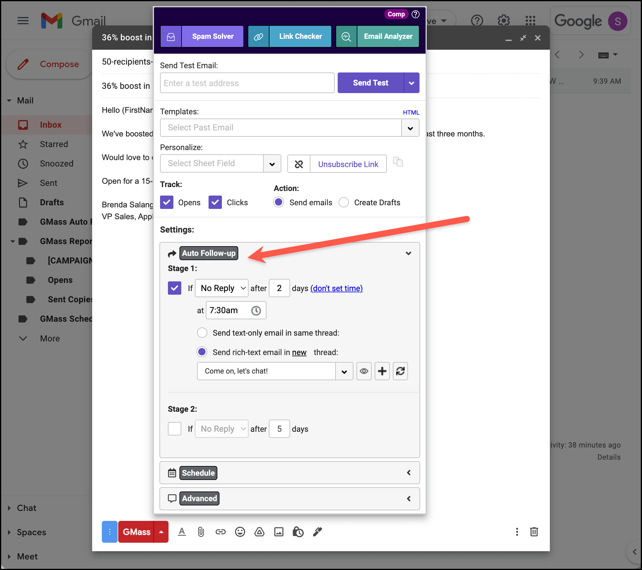 Scheduling auto follow-up sequences in GMass