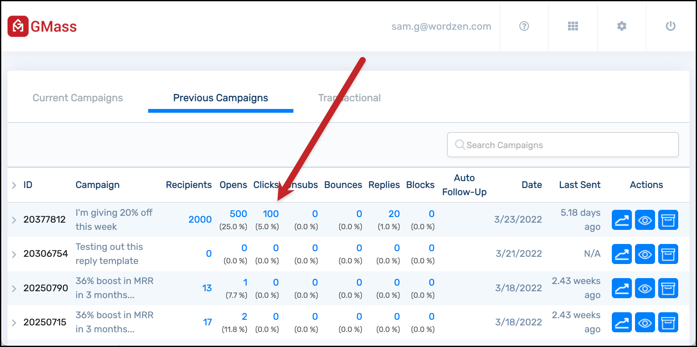 Click tracking in the GMass dashboard