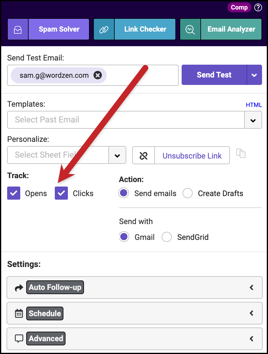 Enable click tracking in GMass settings