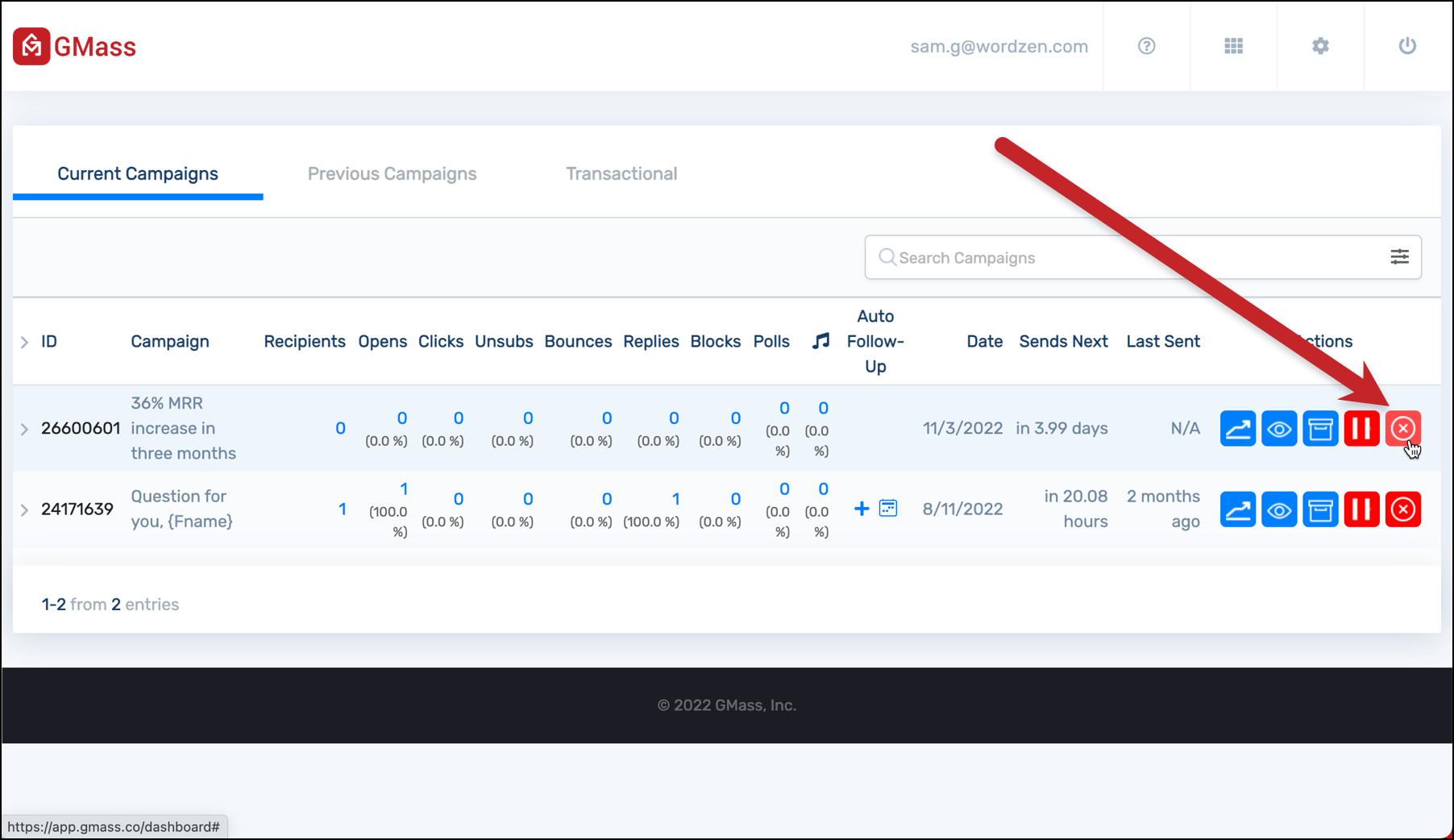 Cancel a campaign from the dashboard