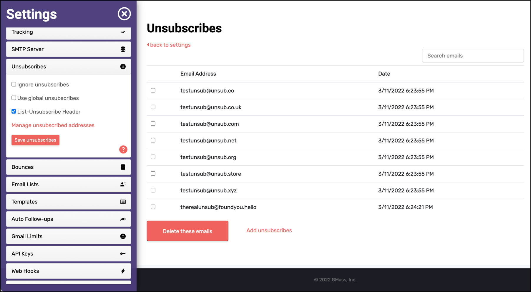 Unsubscribe add and remove in the GMass dashboard