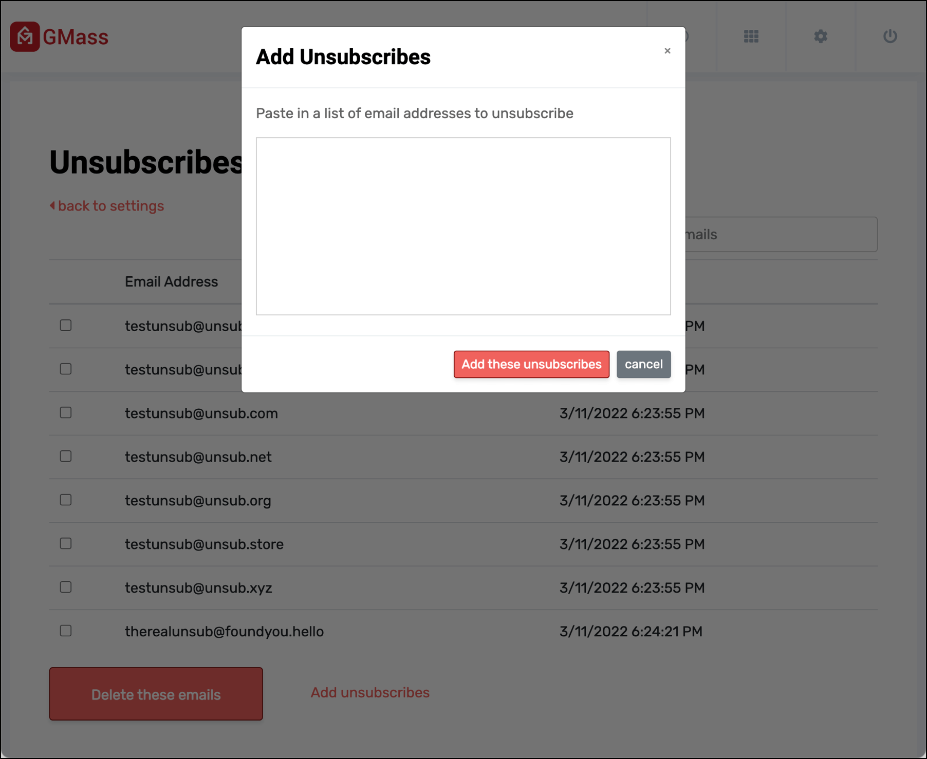 Add unsubscribes in your account