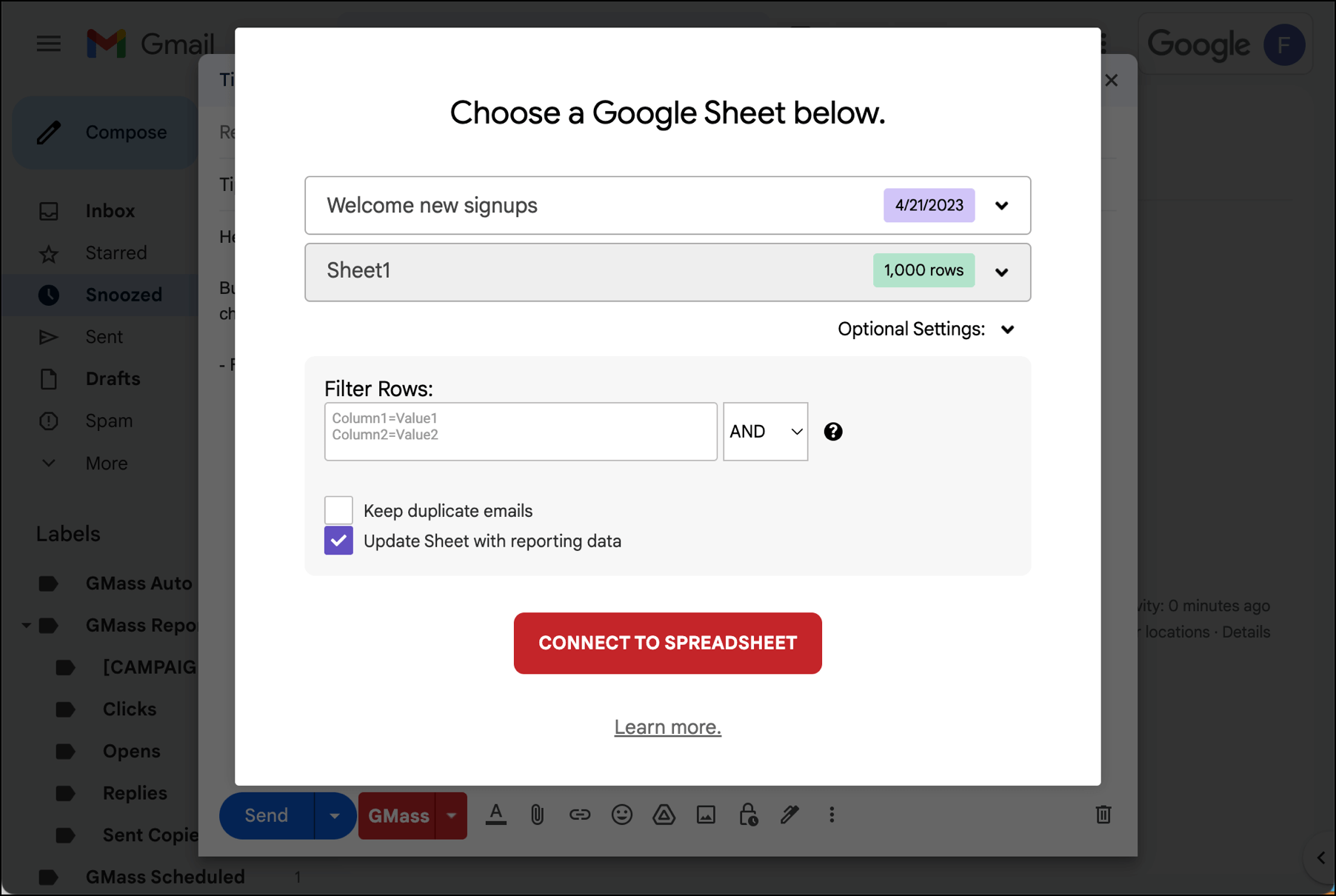 Connect to Google Sheet dialogue