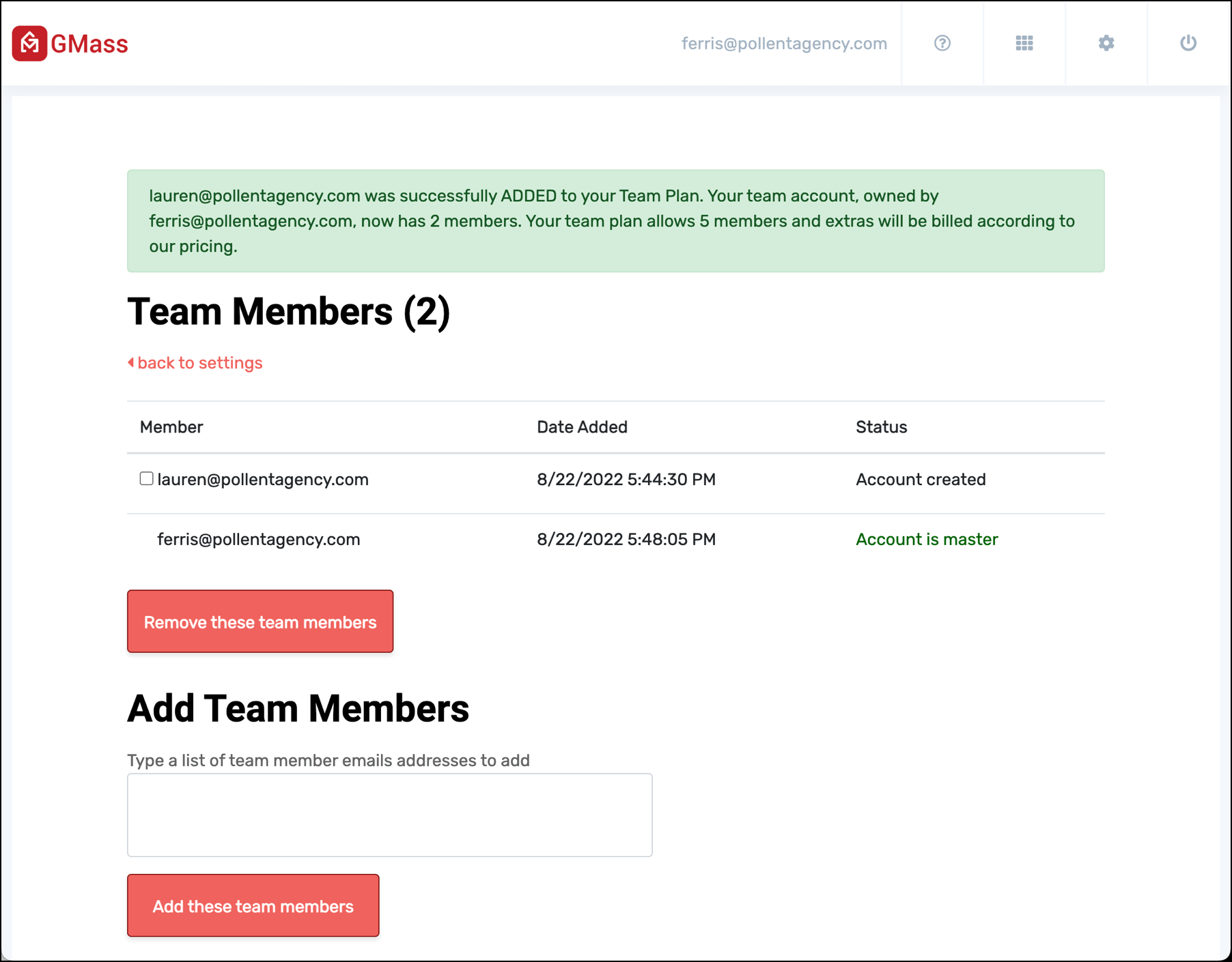 Added team member in the list