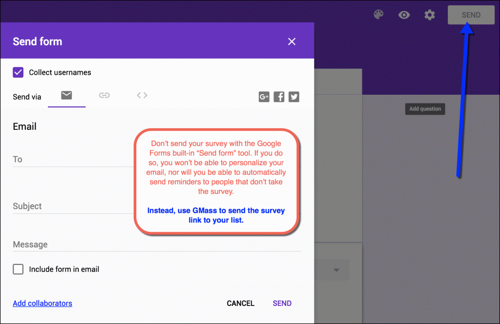 Use Google Forms and GMass to send surveys and followup emails that