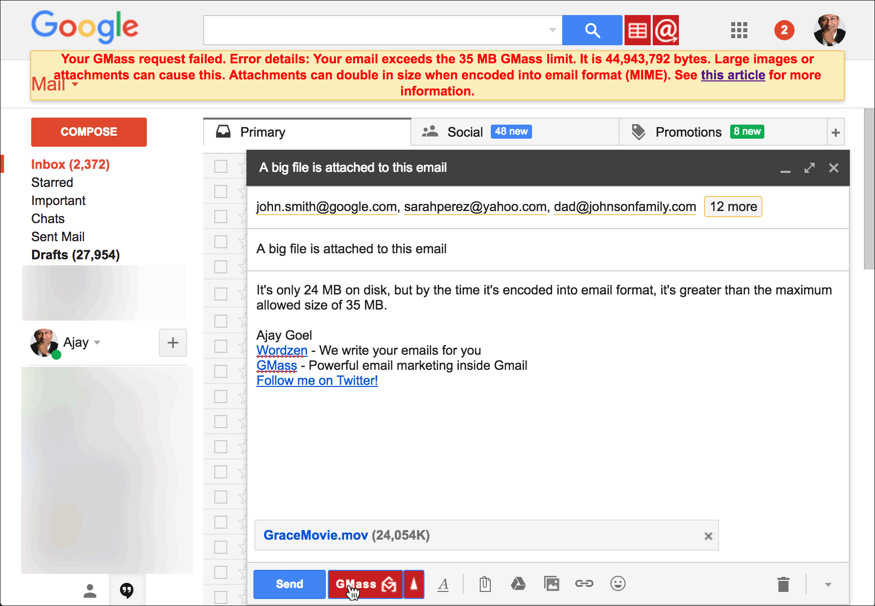 gmail video too large to email