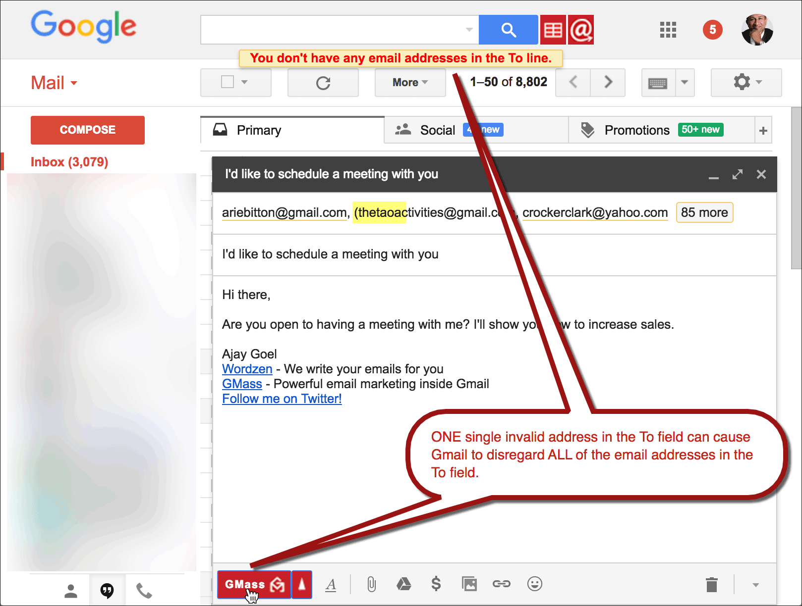 Gmail Draft thinks To field is blank if invalid characters present in