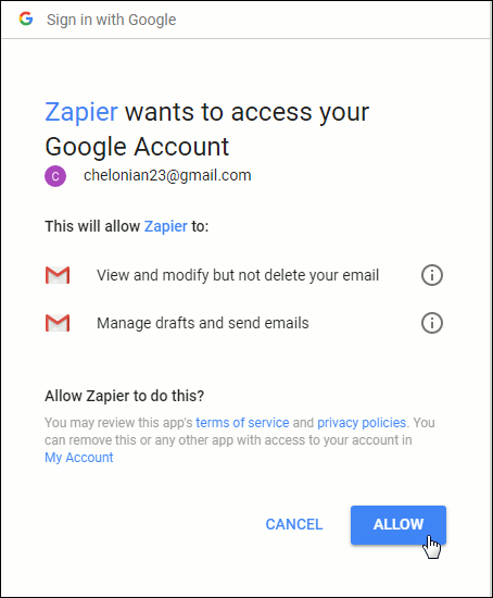 Dialogue window from Zapier requesting permission to access your Google Account.