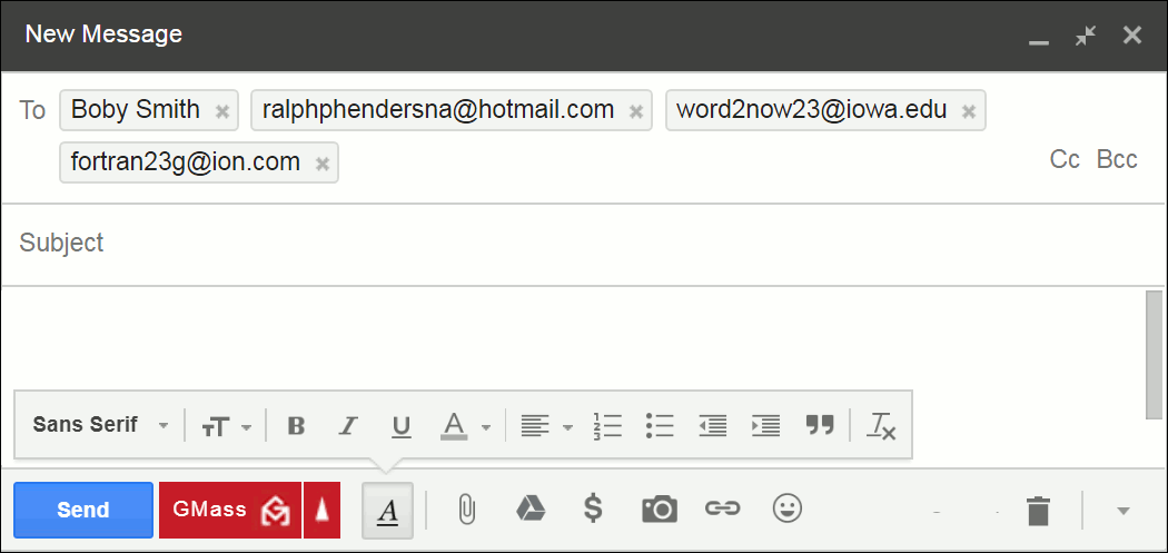 Gmail compose window showing parsed email addresses.