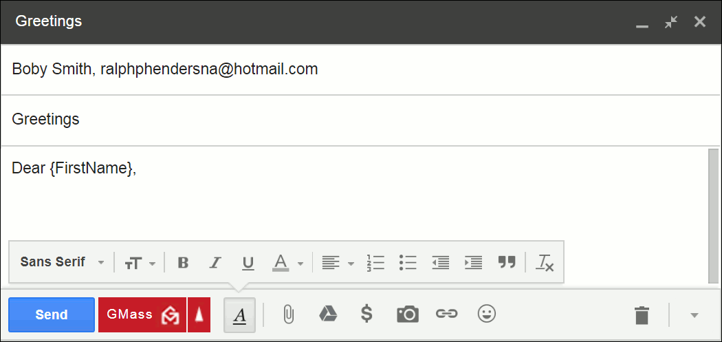 A Gmail compose window showing user using curly braces to personalize the email.