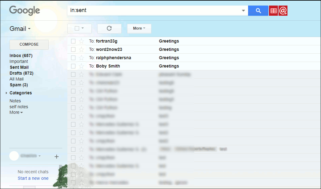 Shows the Gmail sent folder with the four new sent messages.