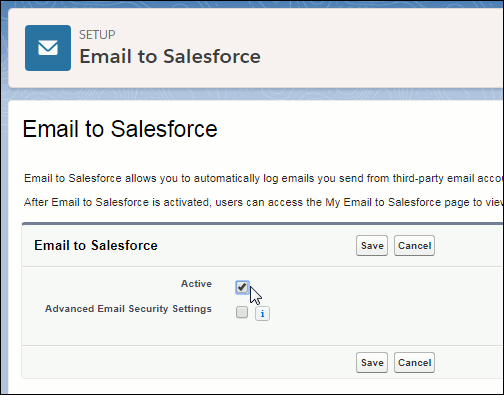 Email to Salesforce page with Active checkbox checked.