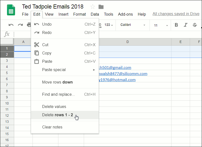 Shows Edit menu dropdown with "Delete rows 1 - 2 " selected. This is from within the Google Sheets sheet.