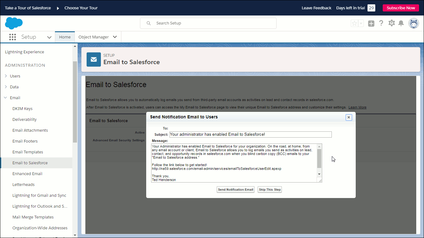 Showing email to be sent to other users of this Salesforce account.