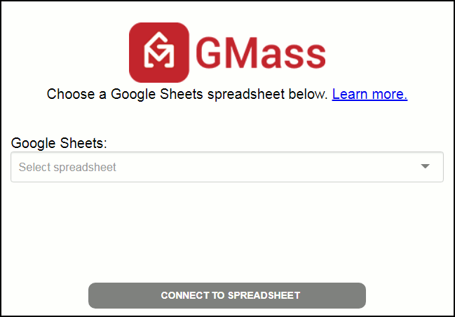 Shows the GMass spreadsheet connection window.