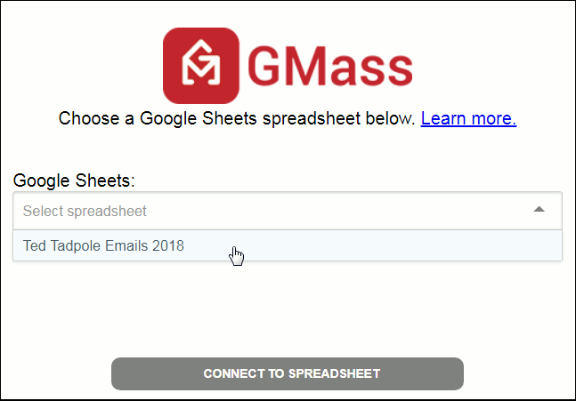 Selecting our Google Sheets sheet from the dropdown.