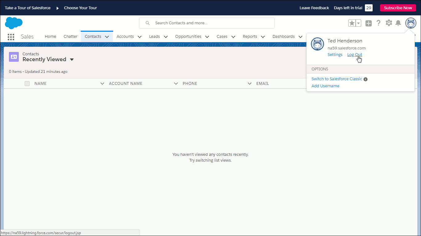 Shows user about to log out of Salesforce.