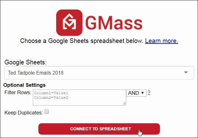 Cursor hovering over the Connect to Spreadsheet button in GMass.