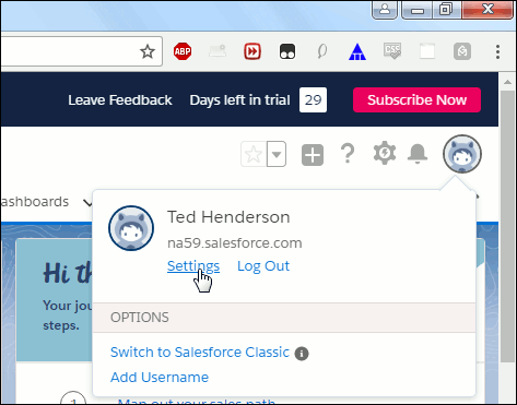 Showing user about to click Settings under the dropdown from the user icon.