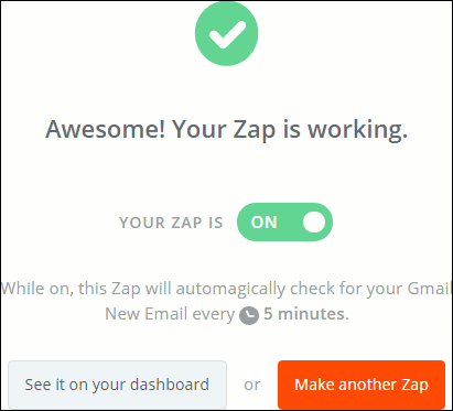 Zapier page telling you your zap is working.