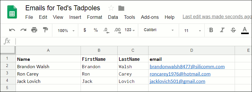 Showing Google Sheets spreadsheet with a new row added.