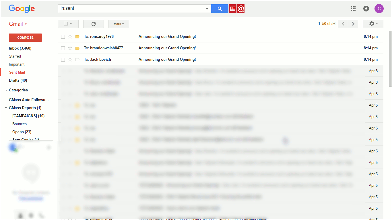 Showing the Gmail Sent folder, with the three emails having been sent out.