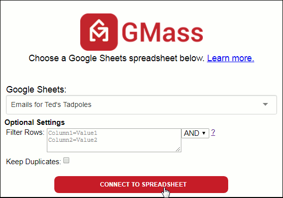 GMass popup window asking you to select and connect to a Google Sheets spreadsheet.