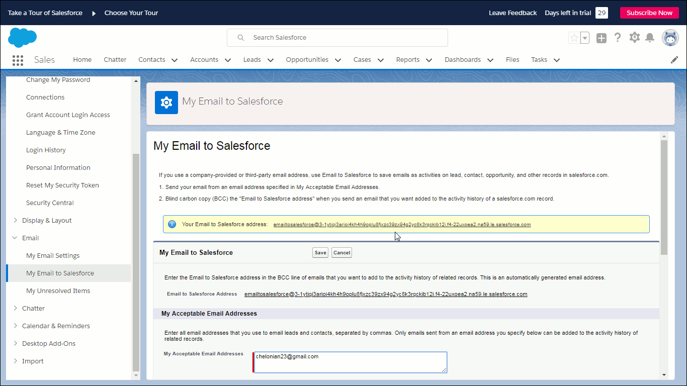 Shows the My Email to Salesforce page.