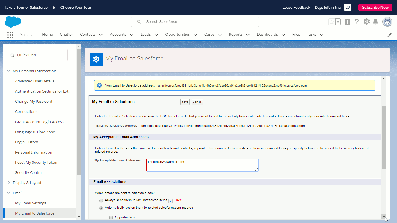Shown are the options page for My Email to Salesforce functionality.