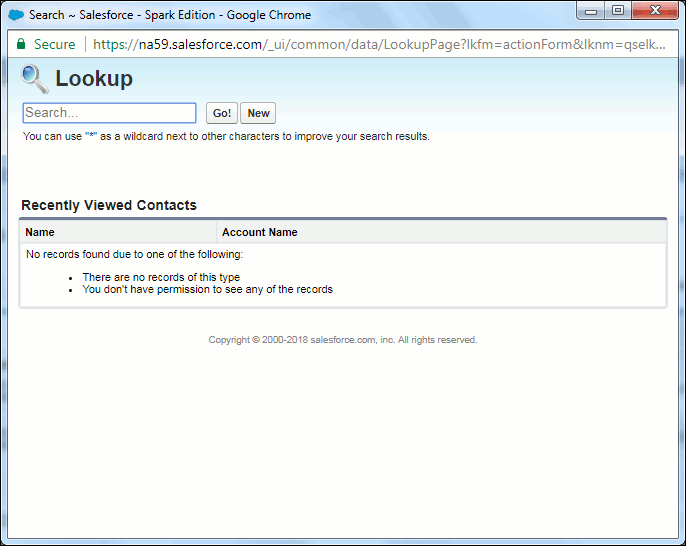 Shows the Salesforce Contact Lookup window.