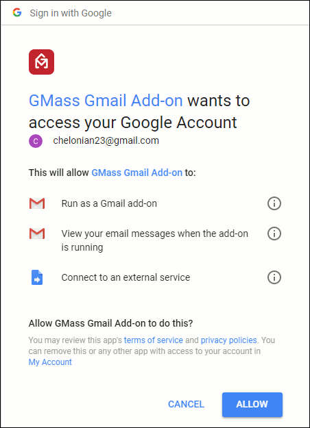 Gmail pop up requesting GMass to have access to your Gmail account.