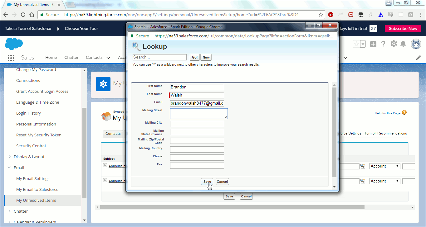 Showing Contact Lookup window and user manually entering information into fields.