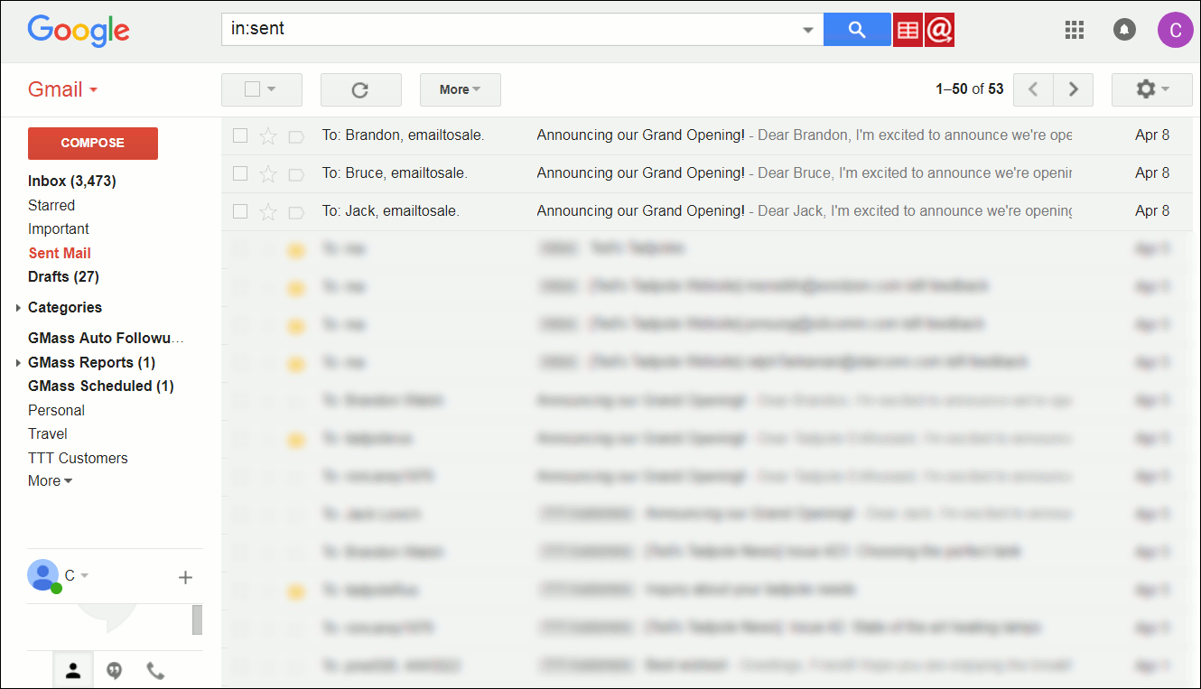 Gmail window showing three emails to customers and BCC to My Email to Salesforce address.