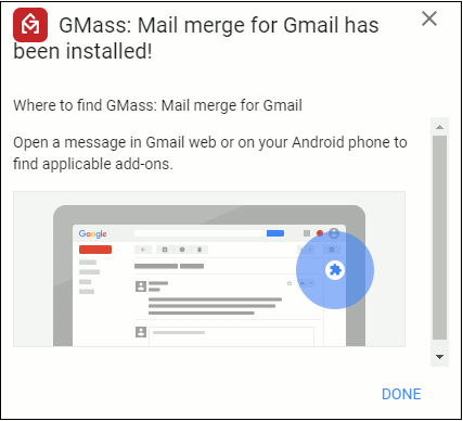 The popup window telling you you have successfully installed the GMass Gmail Add-on.