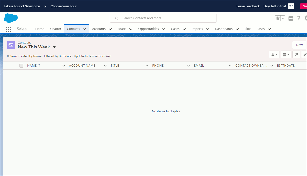 Showing Salesforce Contacts this week, which is empty.