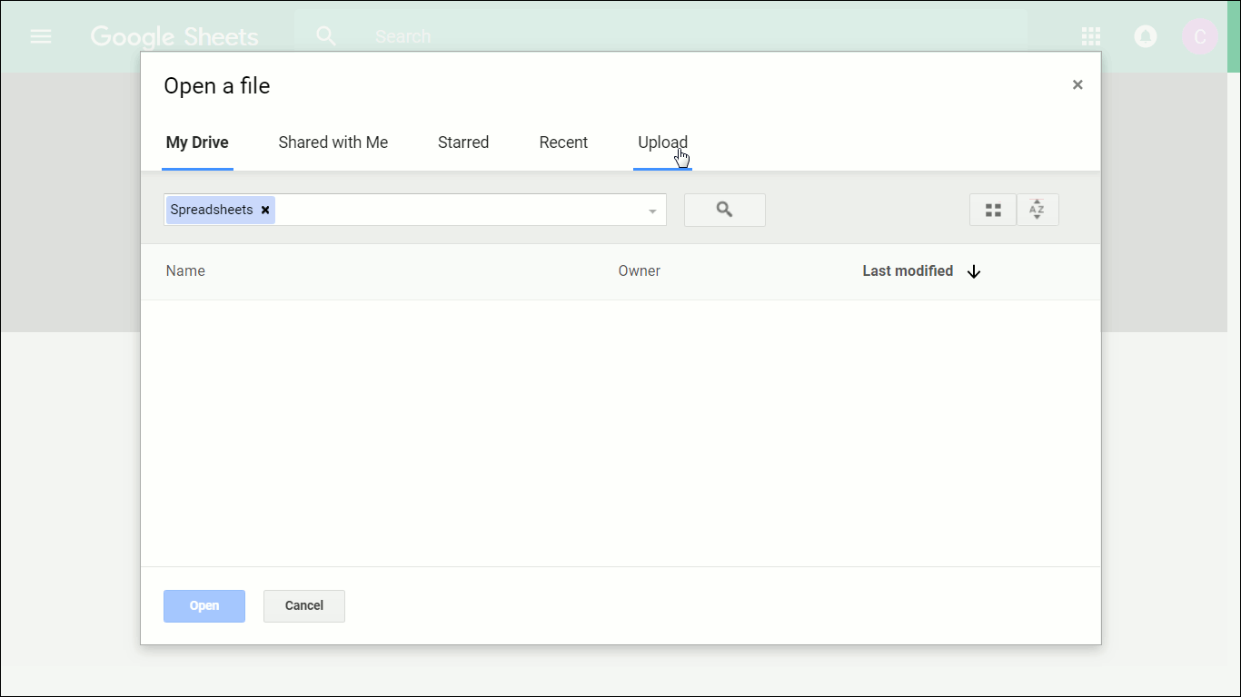 Showing cursor hovering over Upload in the Google Sheets File Picker dialogue.