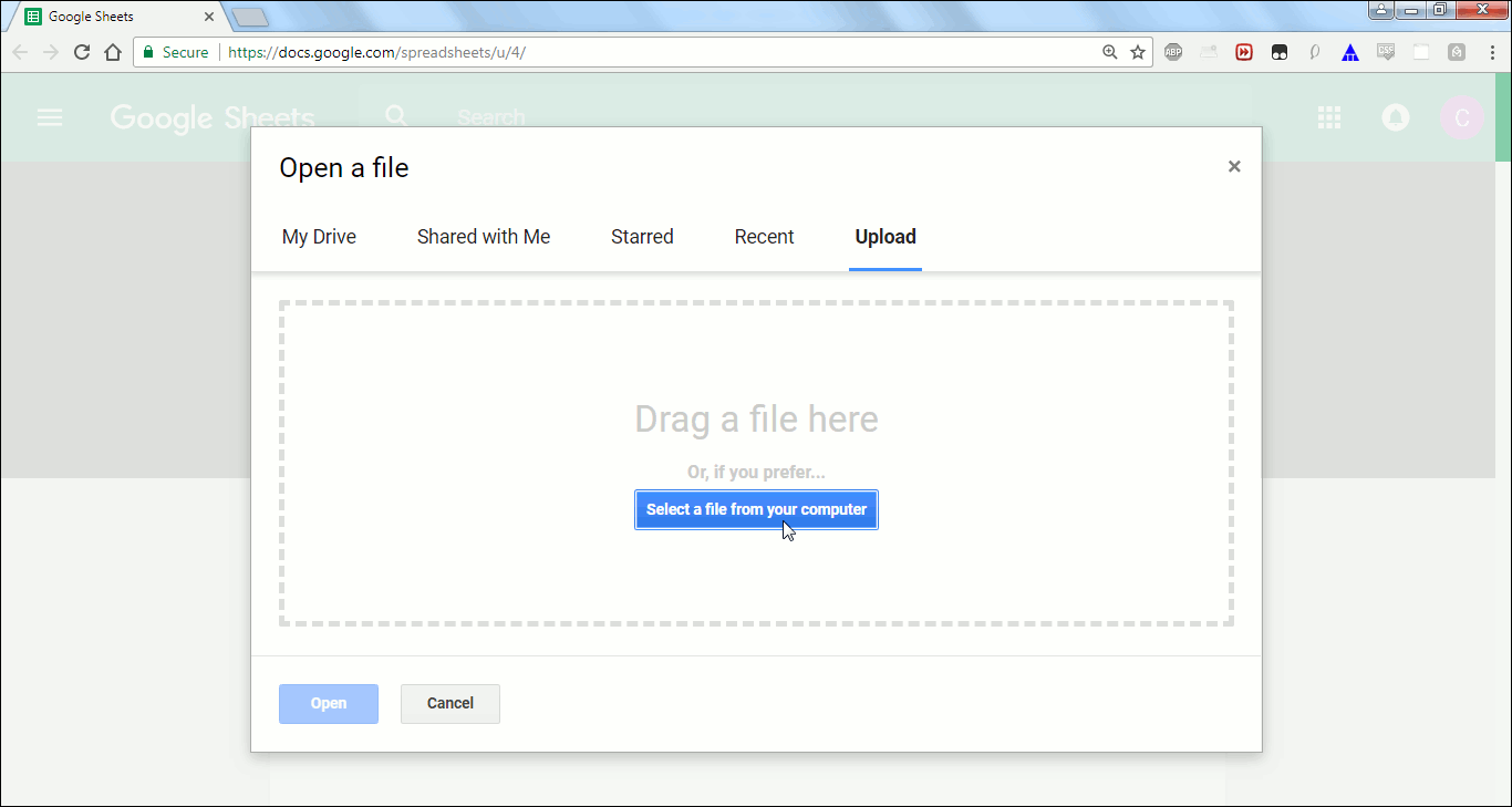 Showing cursor hovering on button to select a file from within the File Picker dialogue of Google Sheets.