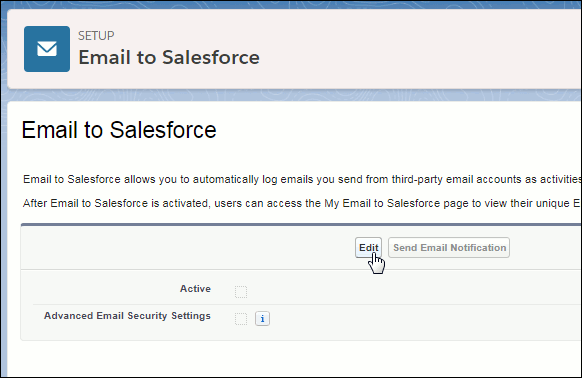 Email to Salesforce page with edit button about to be clicked.