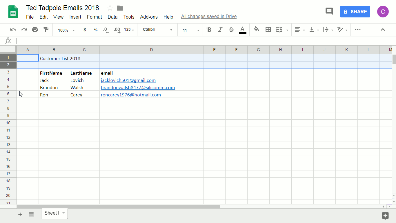 Two rows in Google Sheets sheet are selected.