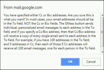 Showing BCC Warning popup from GMass.