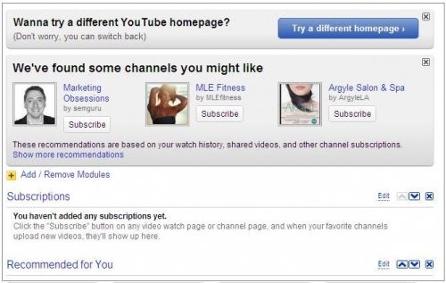Example of a personalized homepage in YouTube