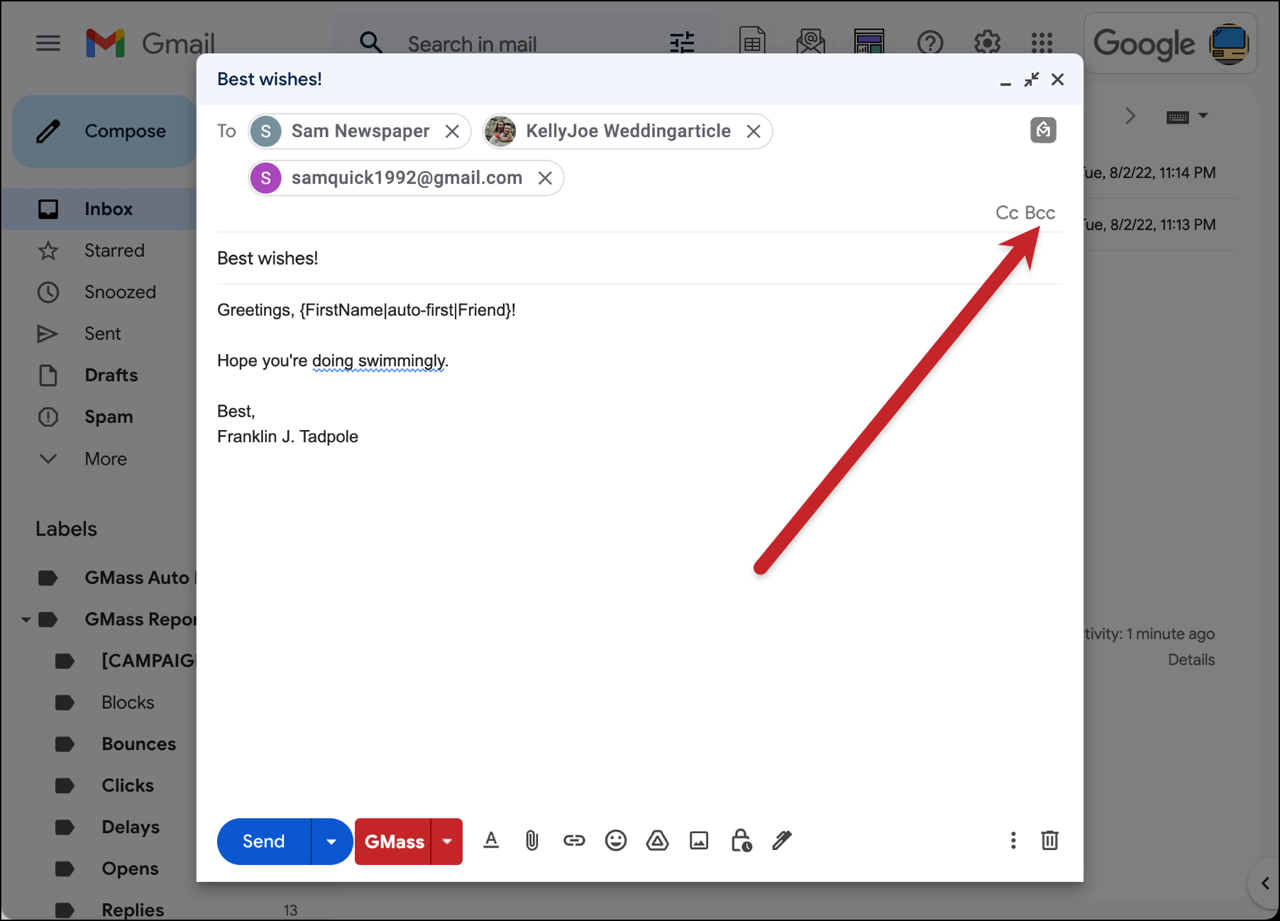 Finding the BCC option in Gmail