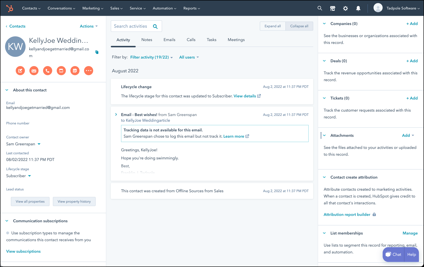 Viewing the contact in Hubspot