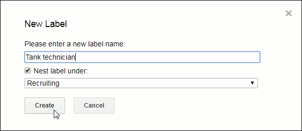 About to click Create on the add a label dialogue. Here the option to nest it under "recruiting" is checked.