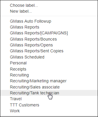 Dropdown showing all labels with user clicking on label for this advertised job.