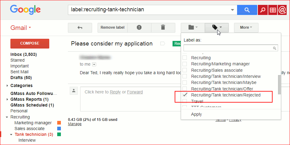 Shows Gmail labels interface, relabeling a candidate to "Rejected".