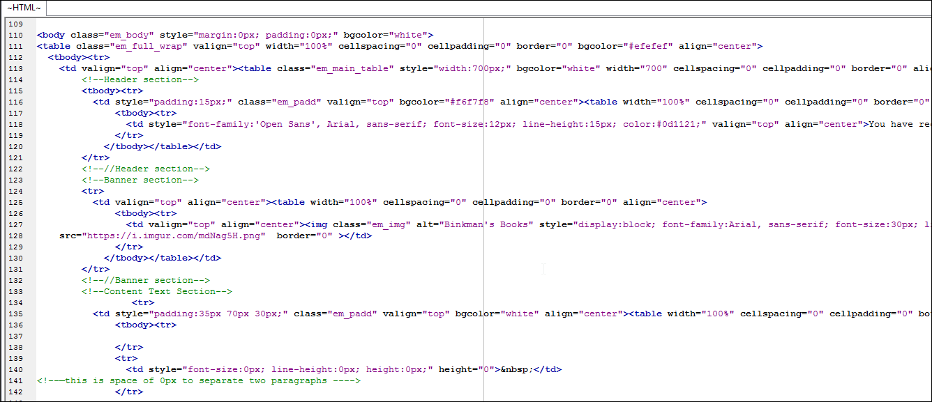 A part of the HTML used to create the email.