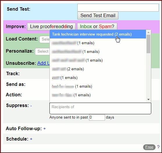 In the Settings windows, selecting emails for the suppression list.