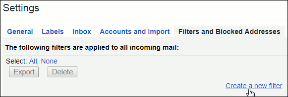Clicking on "Create a new filter" in Gmail.