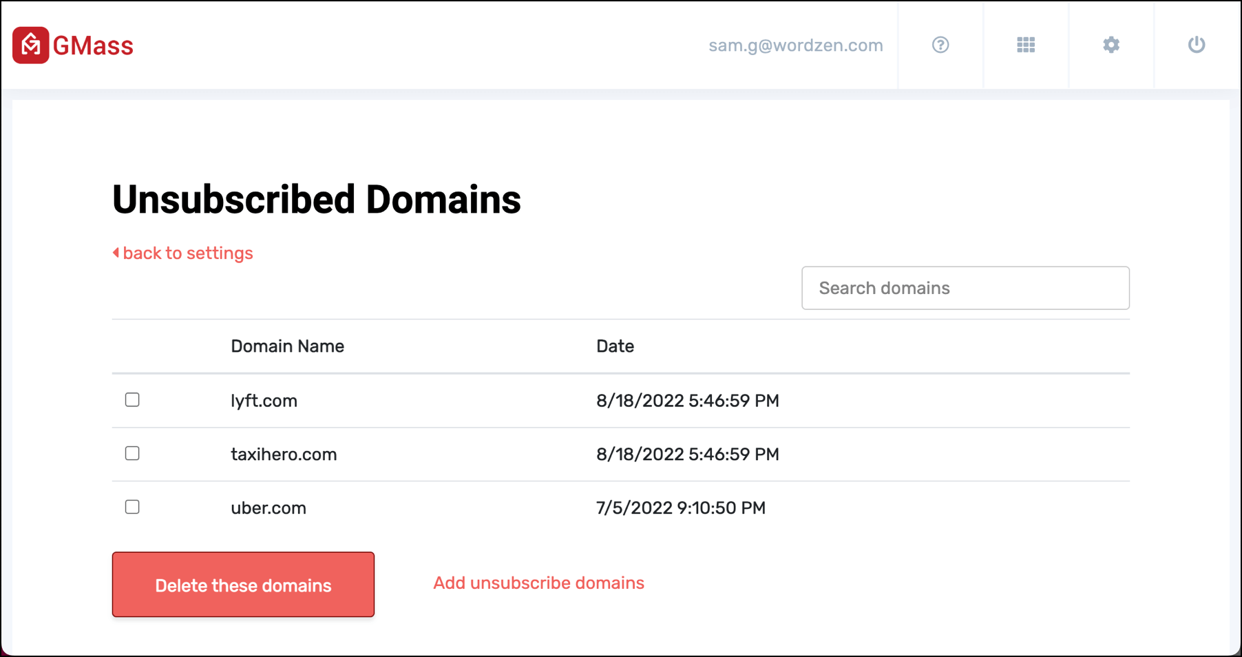 Unsubscribe domain results